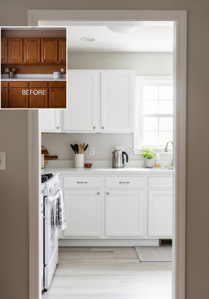 Budget kitchen makeover with cabinets painted white for fresh clean look