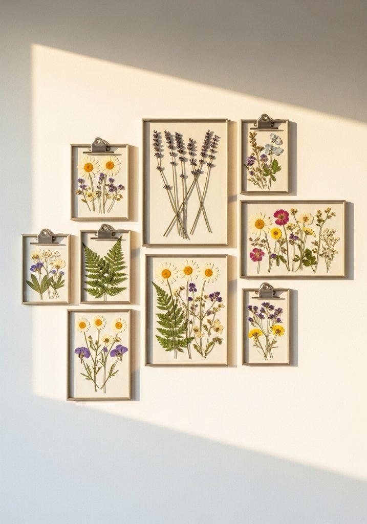 DIY pressed flower frames with daisies, lavender, and ferns in glass clip frames for summer wall art gallery