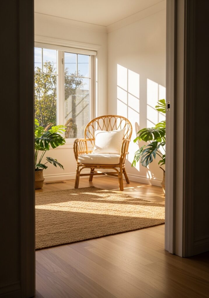 Rattan accent chair with white cushion beside sunny window in summer-styled living room