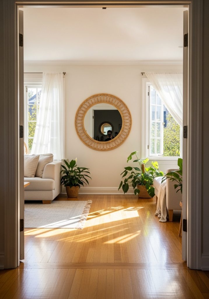 Large round rattan-framed mirror reflecting natural light in bright summer living room

