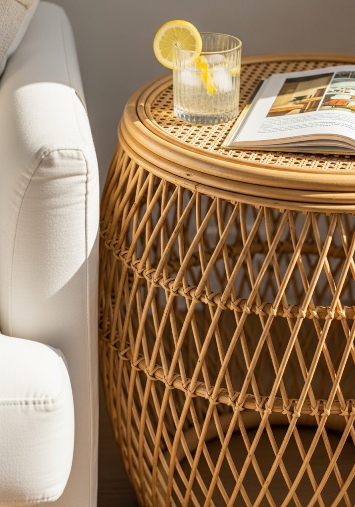 Rattan side table with lemonade and book beside sofa for casual summer living room styling