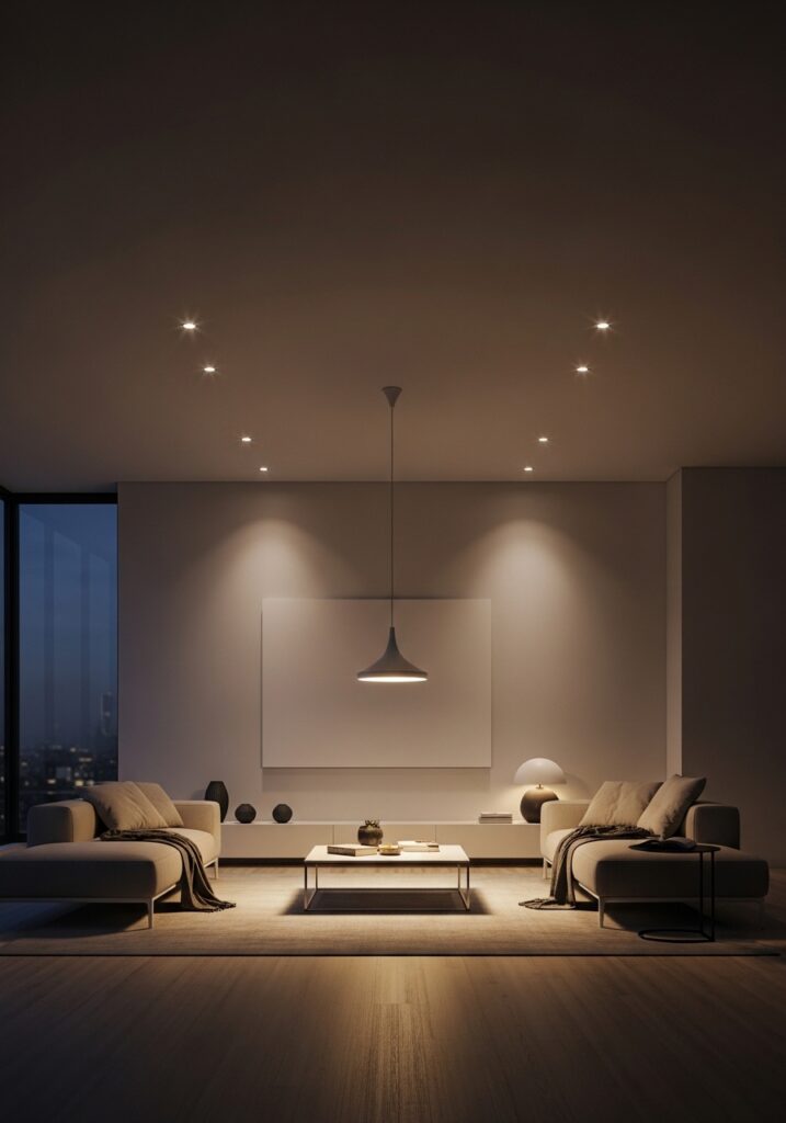  Recessed minimal lighting disappearing into minimalist living room architecture

