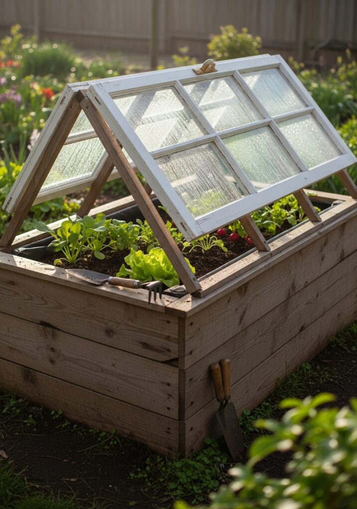 Raised bed with reclaimed window frame cold frame protecting vegetables
