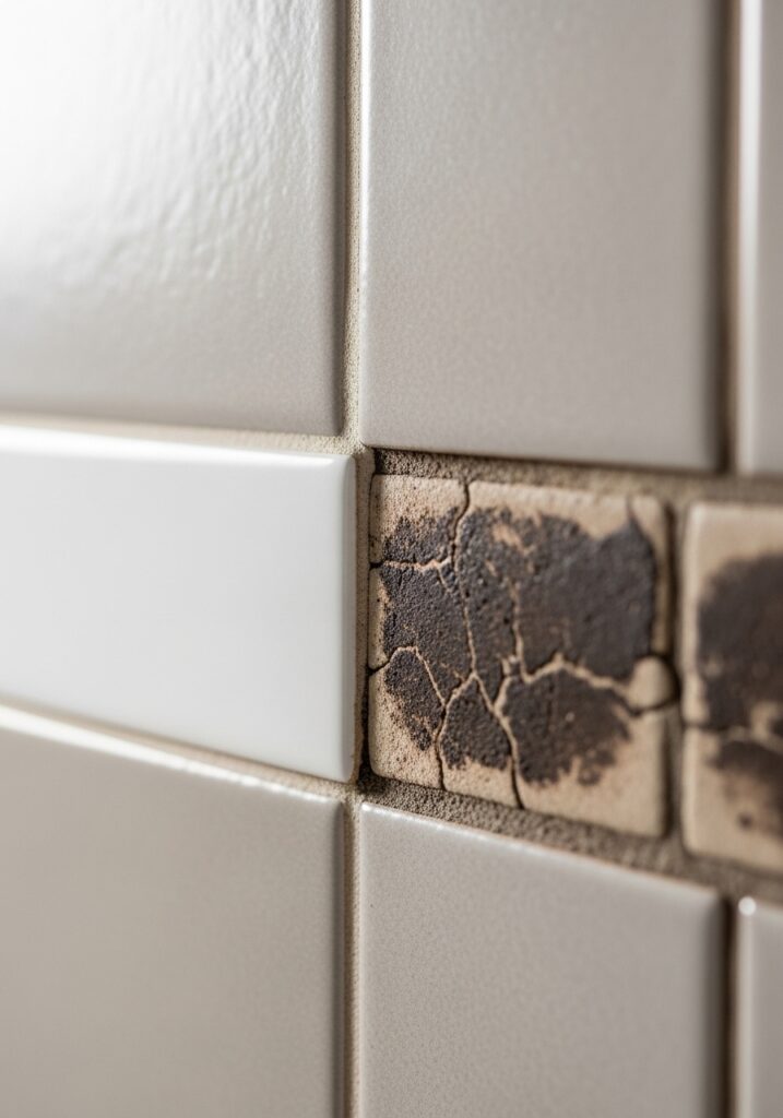 Close-up of kitchen backsplash with refreshed white grout for budget update