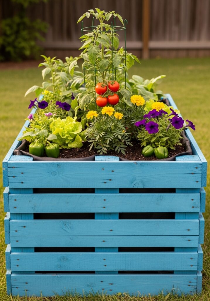 Raised garden bed built from blue painted reclaimed pallet filled with vegetables