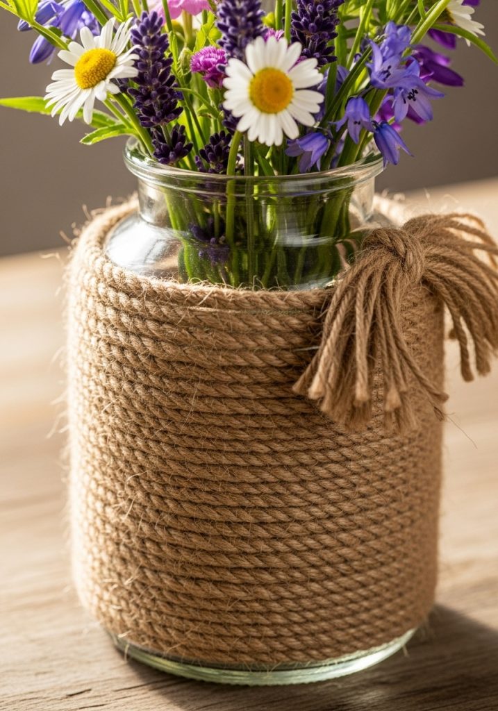 DIY jute rope wrapped glass vase with wildflowers for natural summer home decor