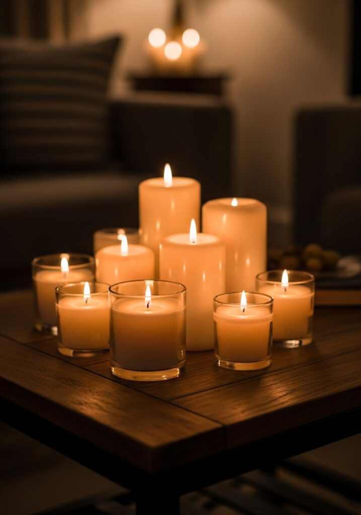 Scented candles creating warm atmosphere and soft light in cozy living room