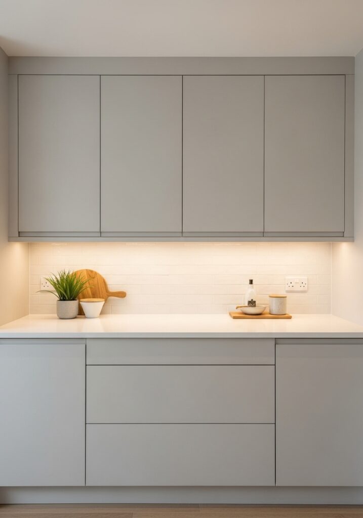 Shallow 12-inch depth upper cabinets in small kitchen reducing visual bulk