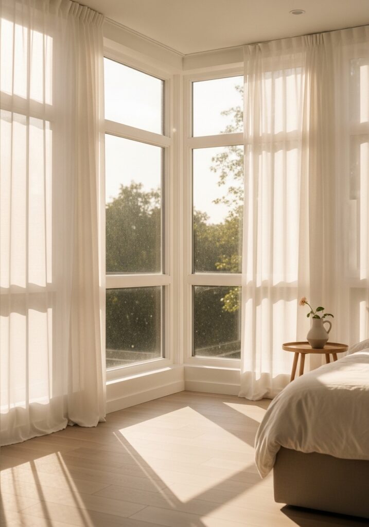 Sheer white curtains filtering soft afternoon light in summer-styled bedroom