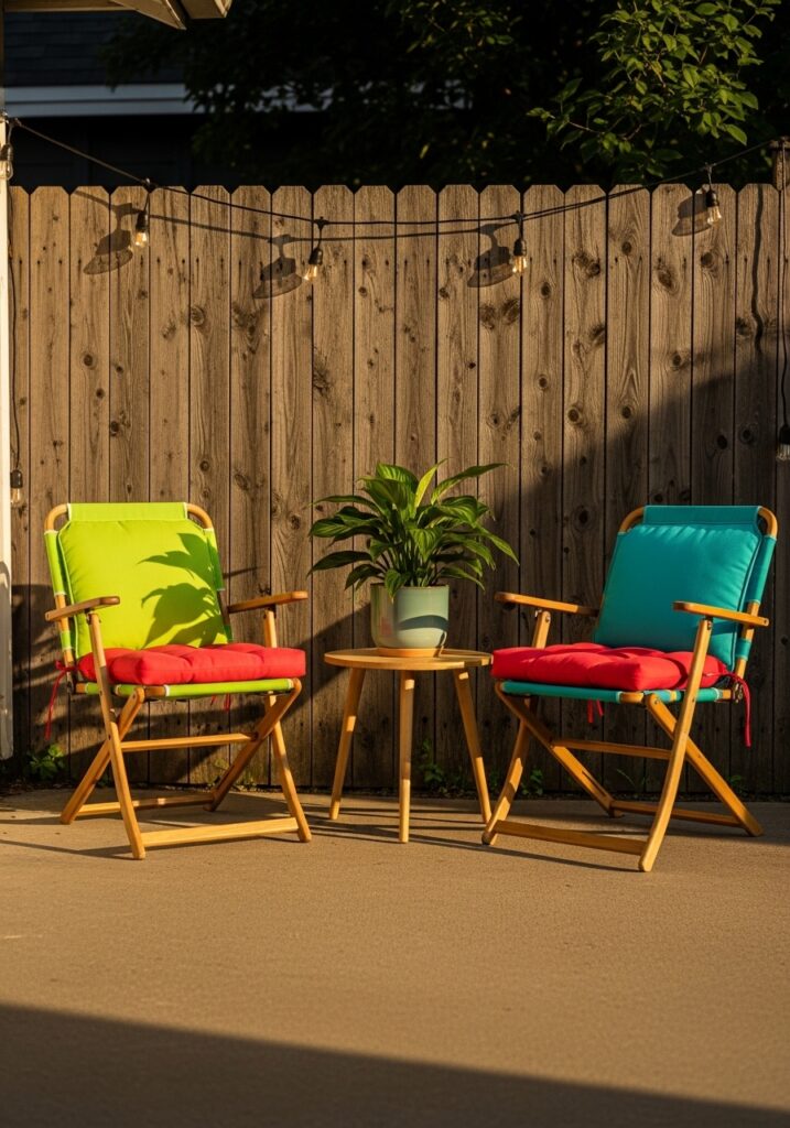Simple outdoor summer lounge corner with folding chairs, bright cushions, potted plant, and string lights