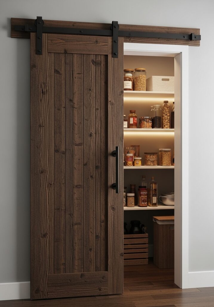 Sliding barn door pantry in small kitchen saving space versus swing door