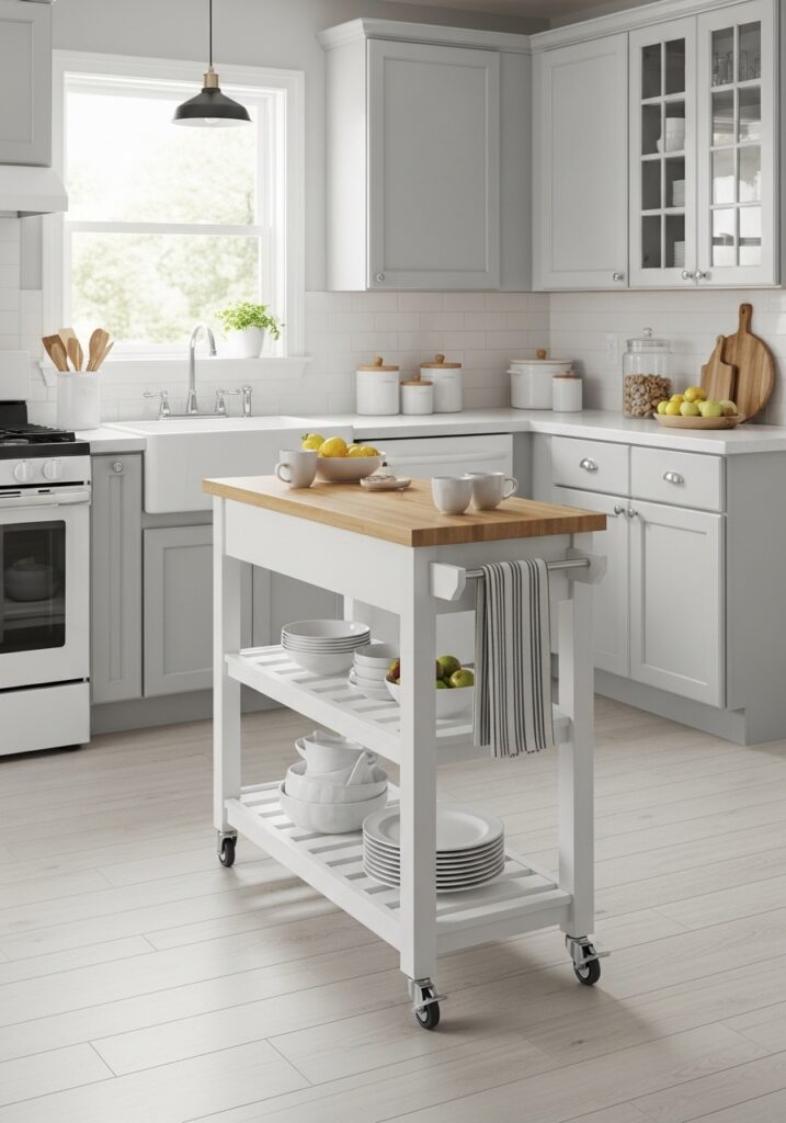 Narrow rolling kitchen island on wheels for small space flexibility