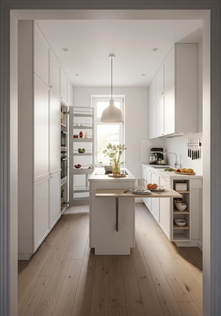 Small kitchen remodel with white cabinets and space-saving solutions maximizing storage