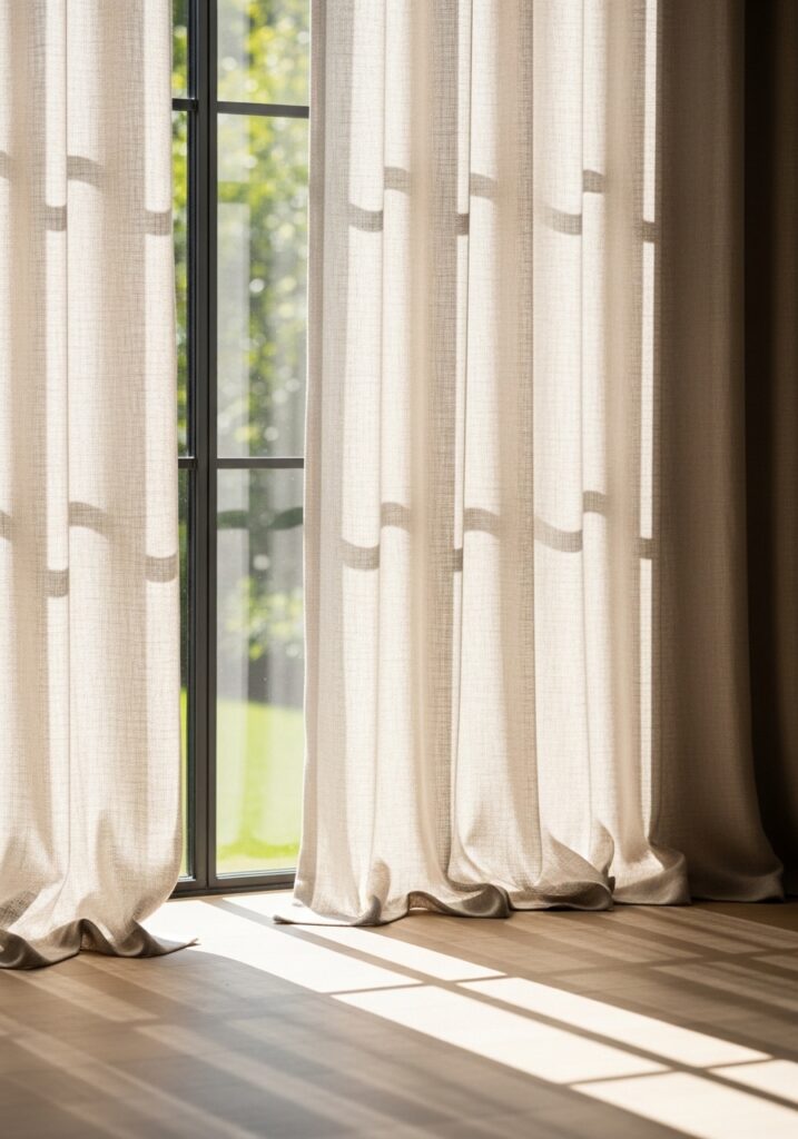 Soft flowing curtains adding warmth and texture to cozy living room windows