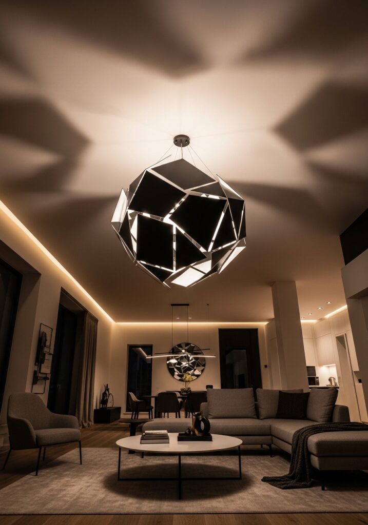 Sculptural statement lighting fixture in modern living room 2026