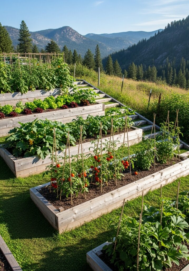 Four stepped raised beds cascading down slope creating terraced waterfall effect