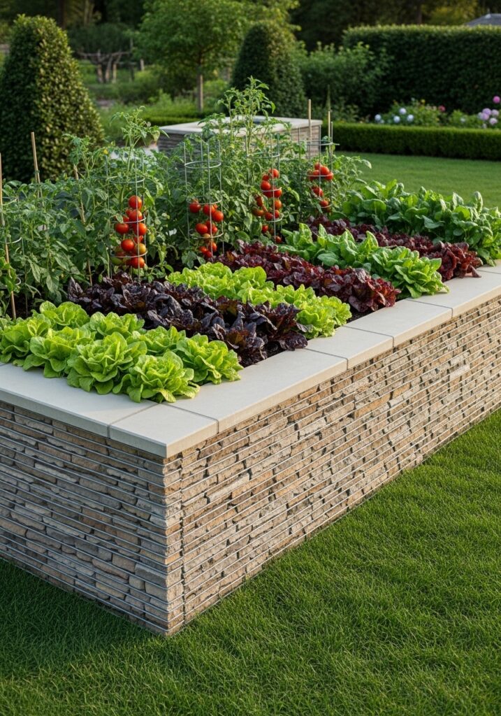Sophisticated raised garden bed with stacked stone veneer facing and vegetables