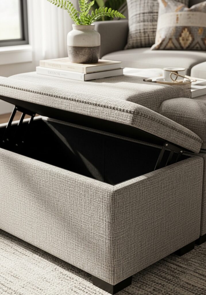 Multi-functional storage ottoman serving as coffee table in small living room