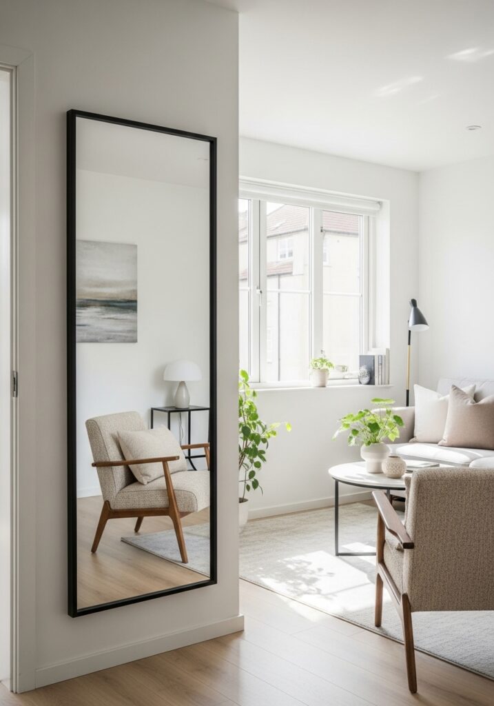 Large mirror reflecting light and expanding small living room visually