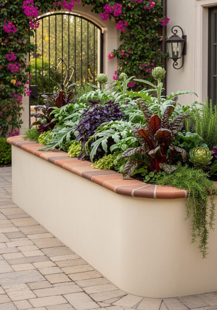  Raised bed with smooth beige stucco finish and cap tiles in Mediterranean garden