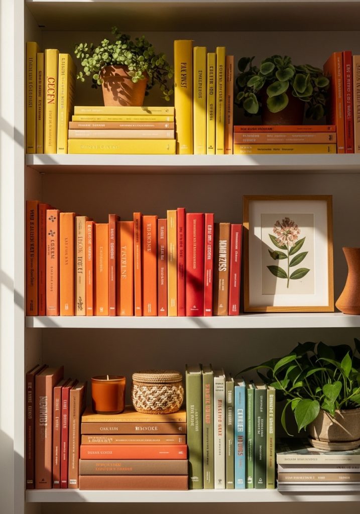 Summer-styled bookshelf with color-organized books, potted plants, terracotta candle, and botanical print