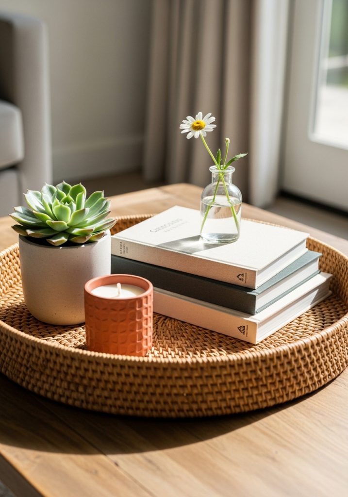 Summer coffee table vignette with woven tray, terracotta candle, succulent, and books for living room styling