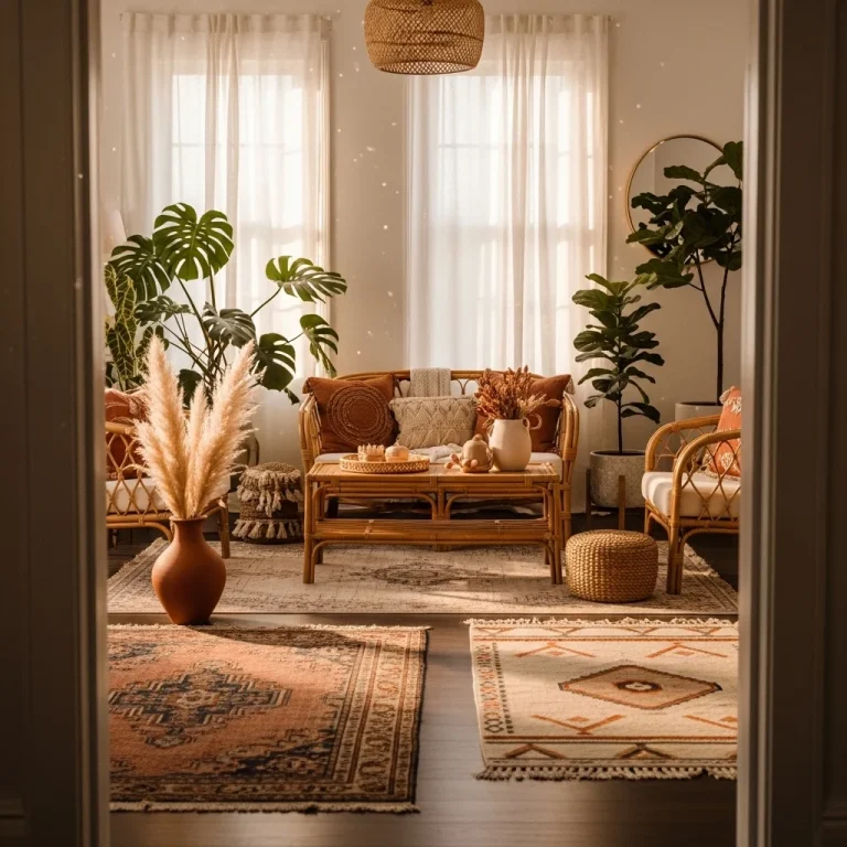 Dreamy summer aesthetic home interior with warm golden light, rattan furniture, terracotta tones, and tropical plants