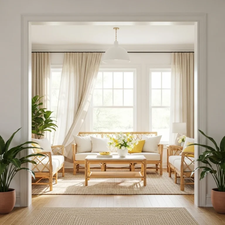 Bright summer-styled living room with rattan furniture, fresh florals, and natural linen curtains — summer decor ideas for the home