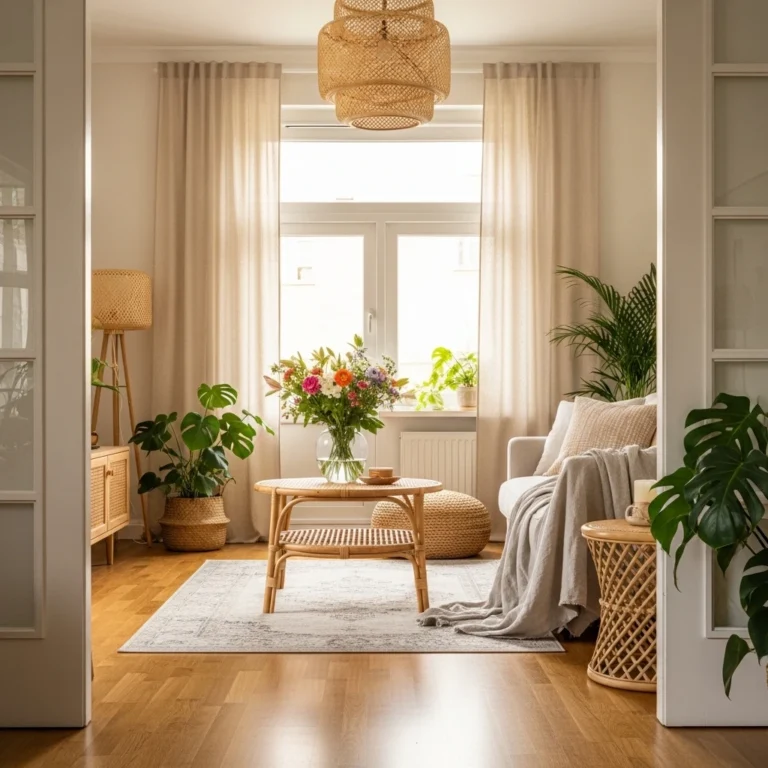 Bright summer-decorated living room with fresh florals, rattan accents, and tropical plants — summer decorations for home