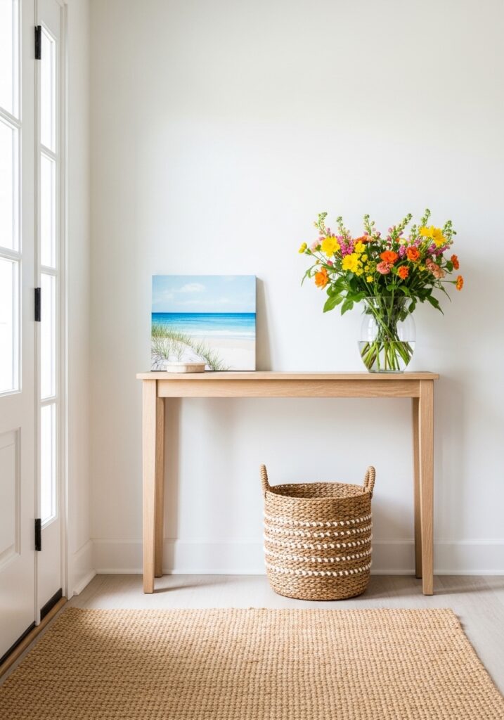 Summer-styled entryway with fresh flowers, glass vase, and woven basket on console table