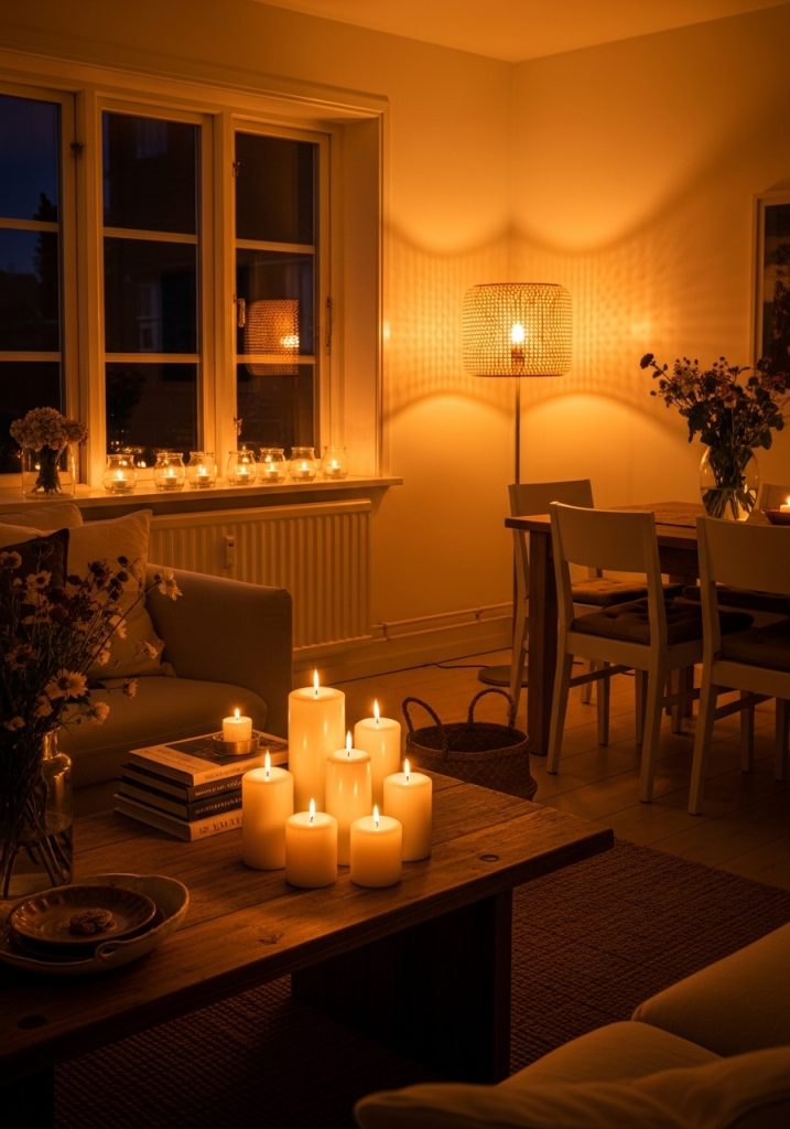 Warm summer evening candlelight aesthetic with pillar candles, tea lights, and rattan lamp glow in living room