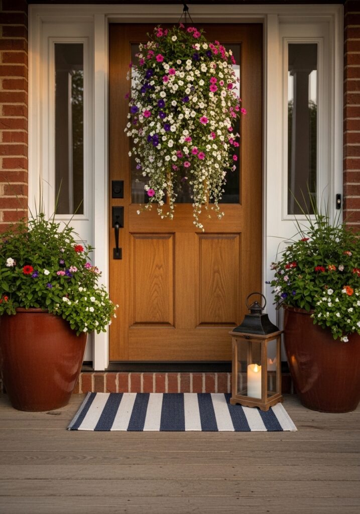 Layered summer front porch display with terracotta pots, striped doormat, and hanging basket