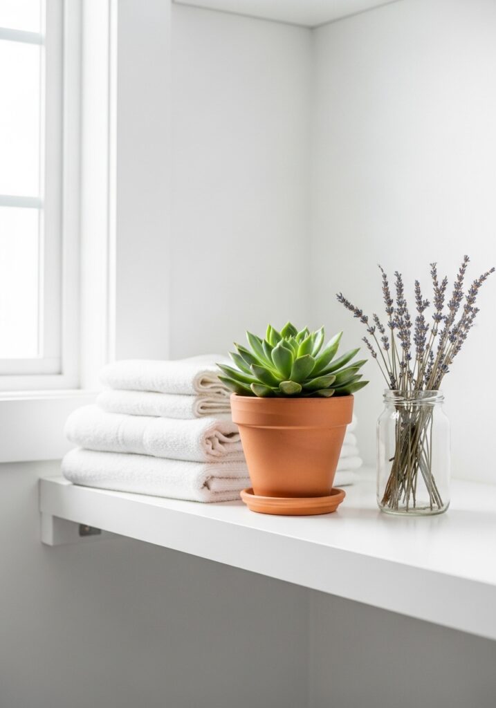  Summer laundry room shelf with tiny succulent, white towels, and dried lavender jar for fresh seasonal touch