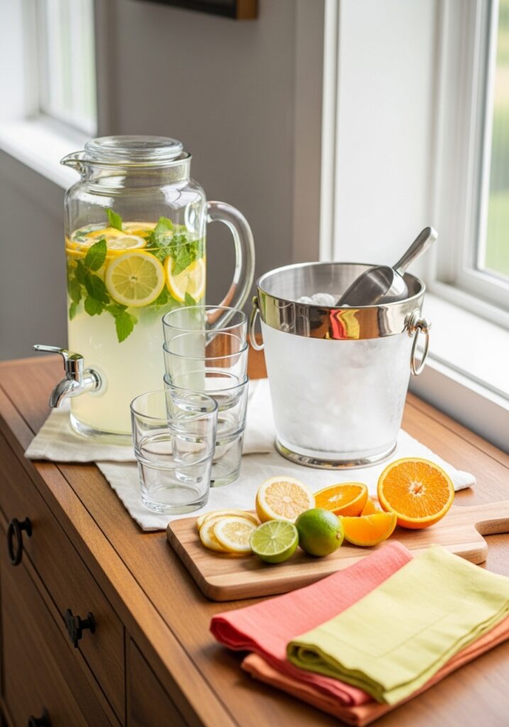 Summer lemonade and beverage station on wooden sideboard with glass pitcher, citrus, and stacked glasses