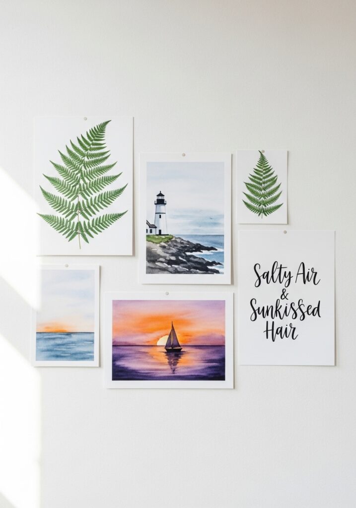 Casual summer gallery wall with botanical prints and coastal watercolors pinned to white wall