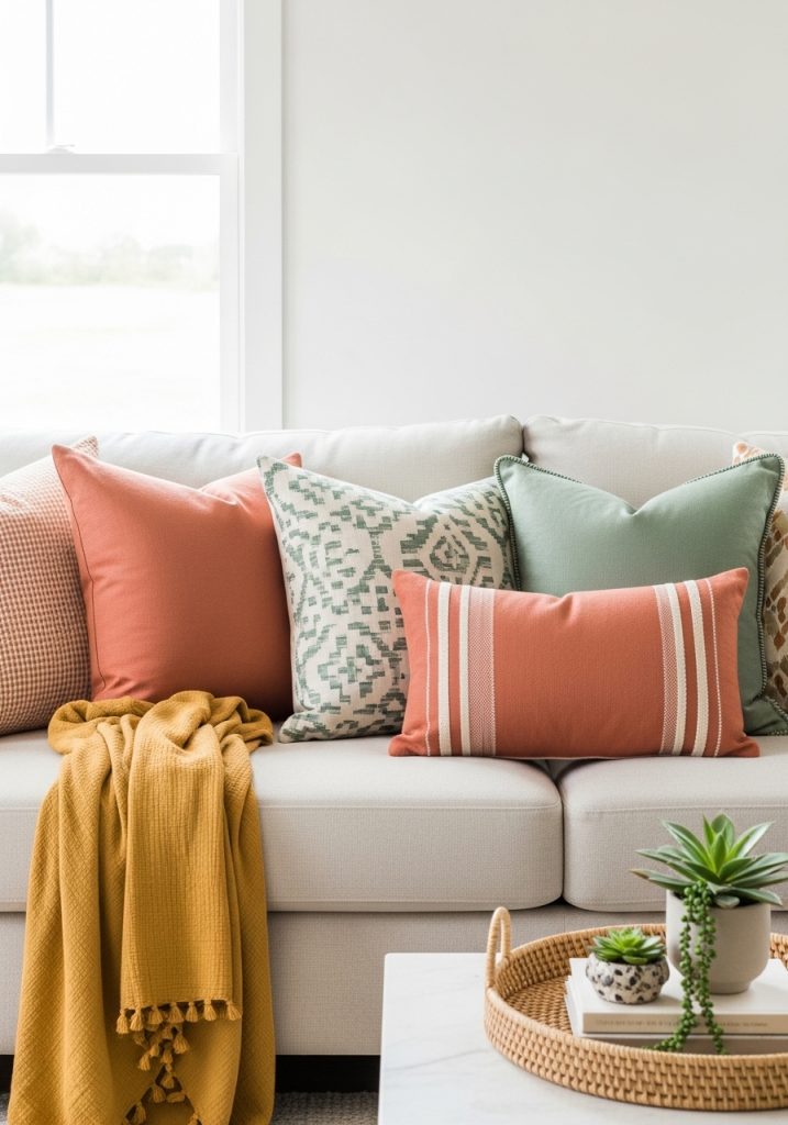 Summer sofa restyle with coral, sage, and cream linen cushions and mustard yellow throw for bright living room decor