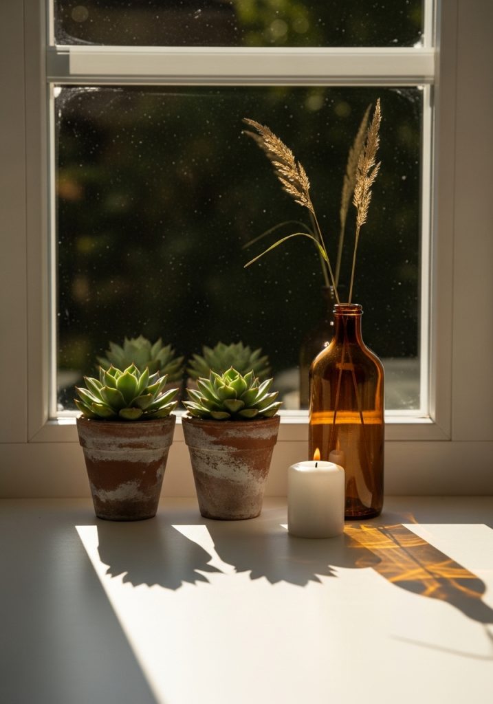 Summer windowsill display with terracotta succulents, amber glass bottle, and white candle in natural light