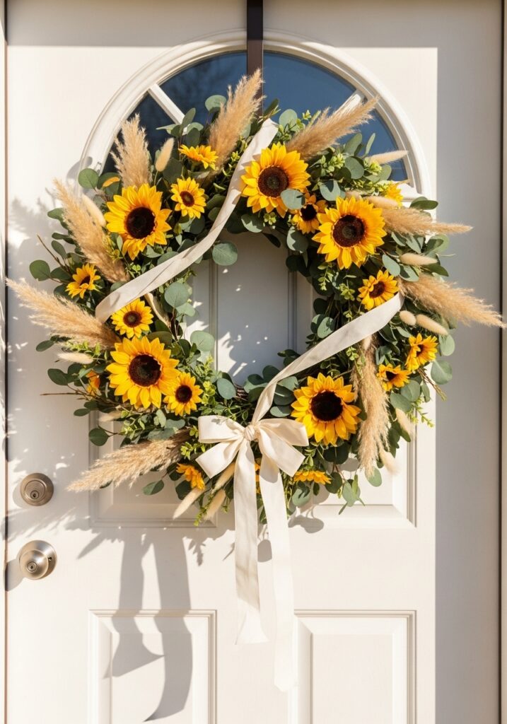 Large sunflower and eucalyptus summer wreath on white front door for seasonal home decor