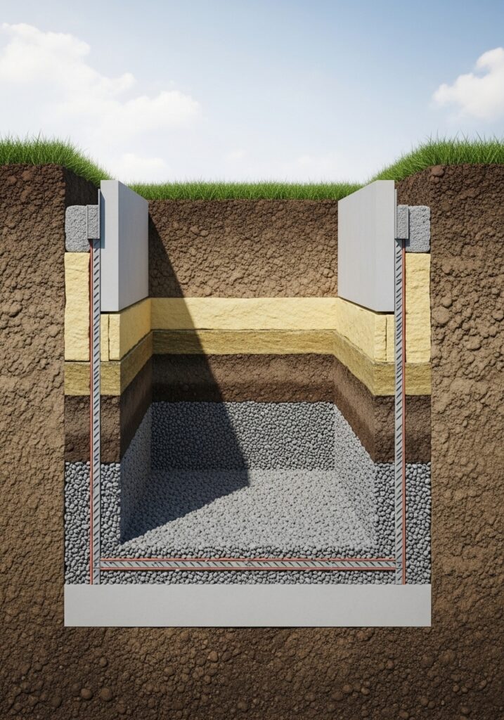 Cross-section detail of sunken raised bed showing above and below ground construction