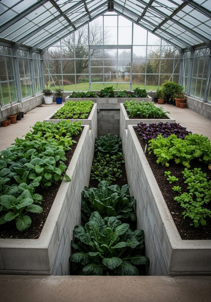 Sunken raised beds inside greenhouse with walls above and below grade