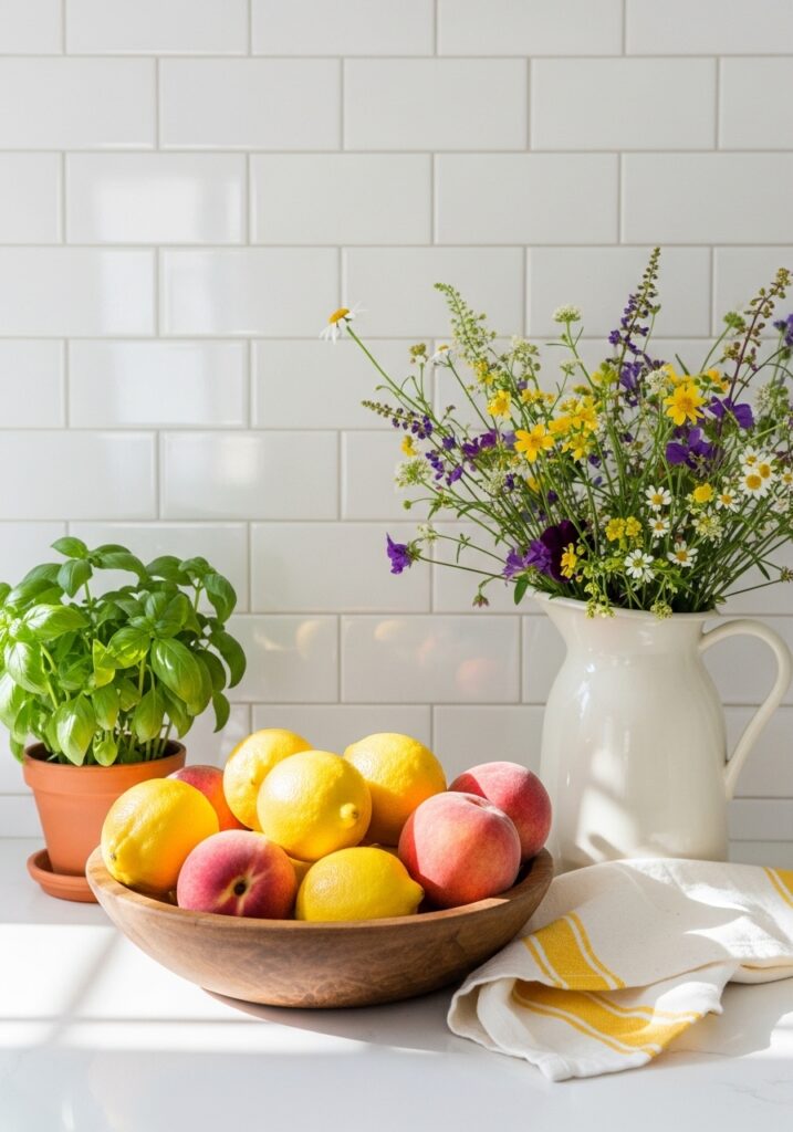 Summer kitchen counter styled with lemon bowl, basil plant, and wildflowers in ceramic jug