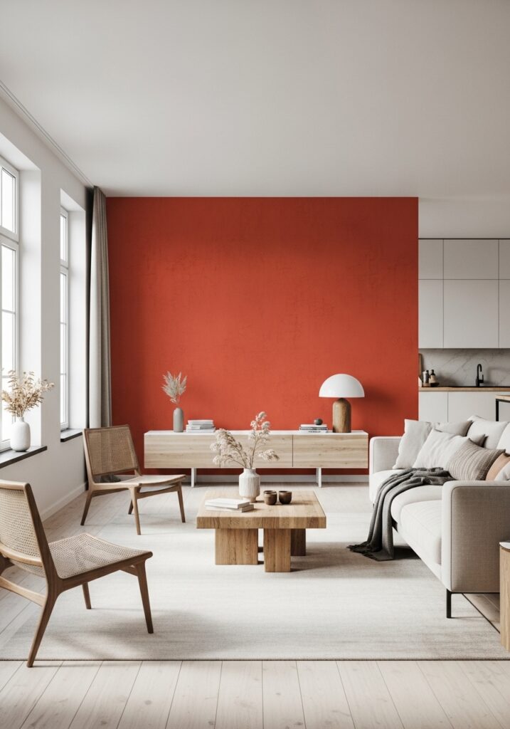 Terracotta accents adding warmth to modern neutral living room 2026