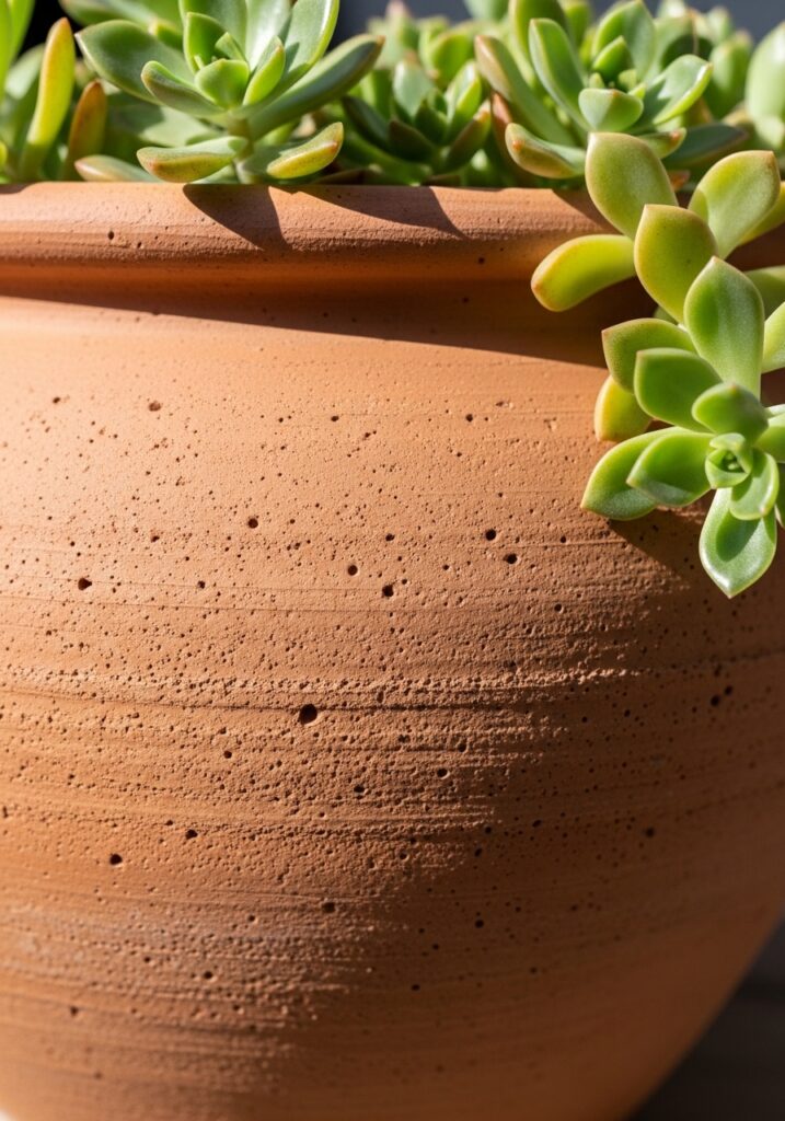 Close-up of terracotta pot with succulent showing warm clay texture for summer decor