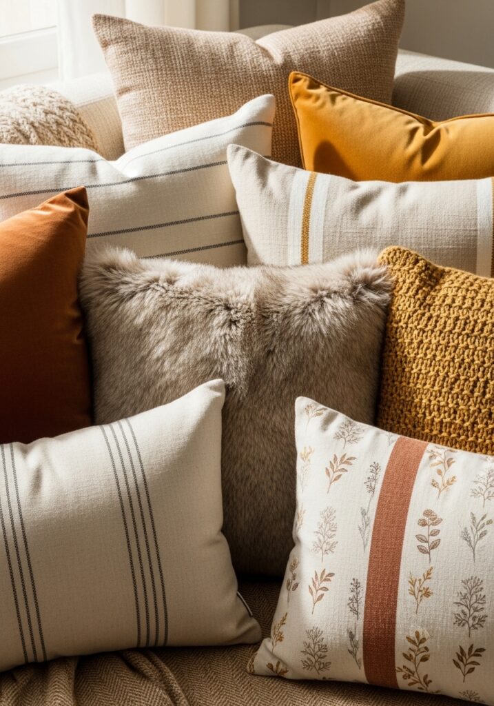 Layered throw pillows in various textures creating cozy sofa corner
