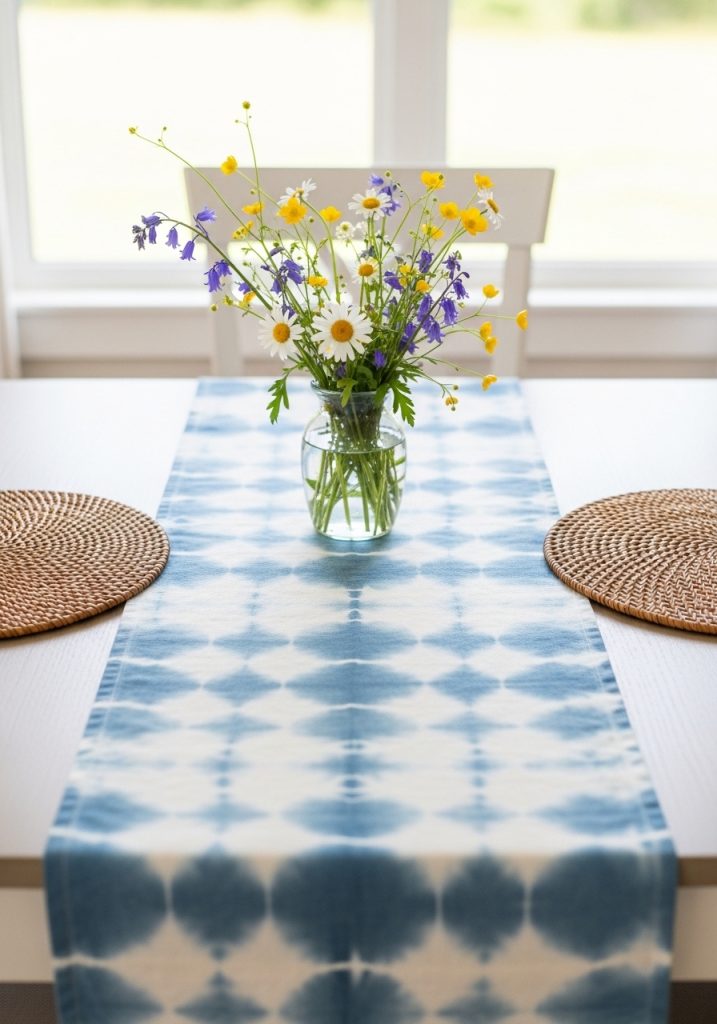 Handmade tie-dye linen table runner in soft blue and white on summer dining table