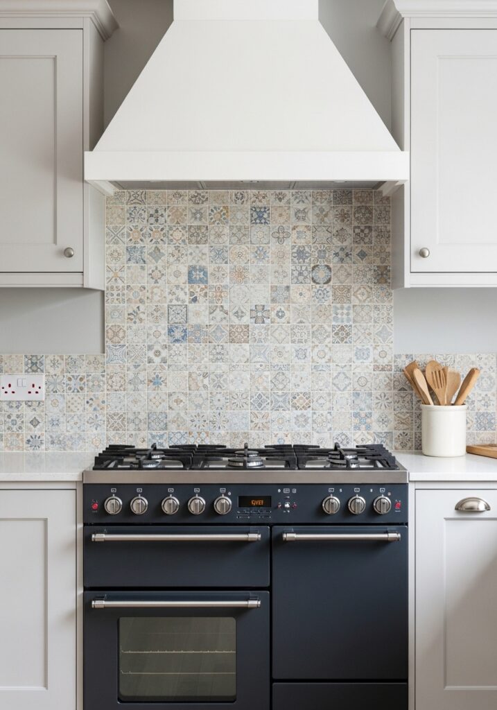  Budget kitchen with real tile backsplash only behind range as focal point