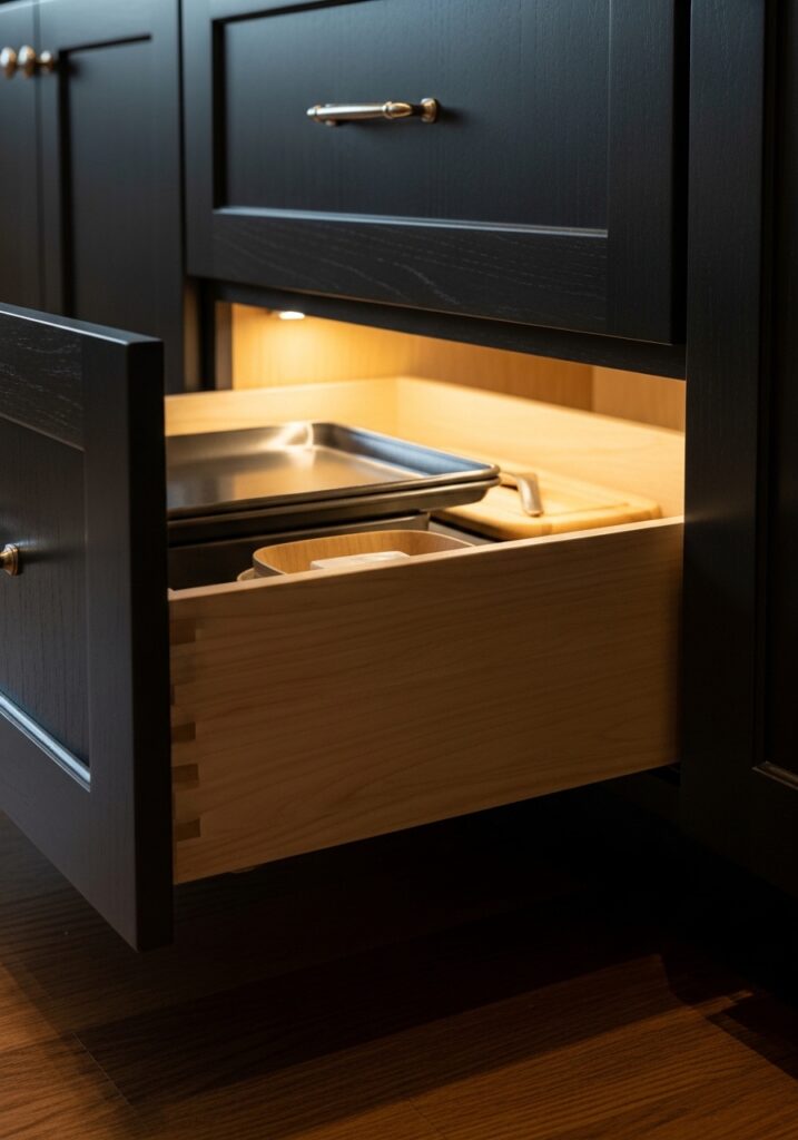 Toe kick drawer in small kitchen utilizing hidden storage at cabinet base