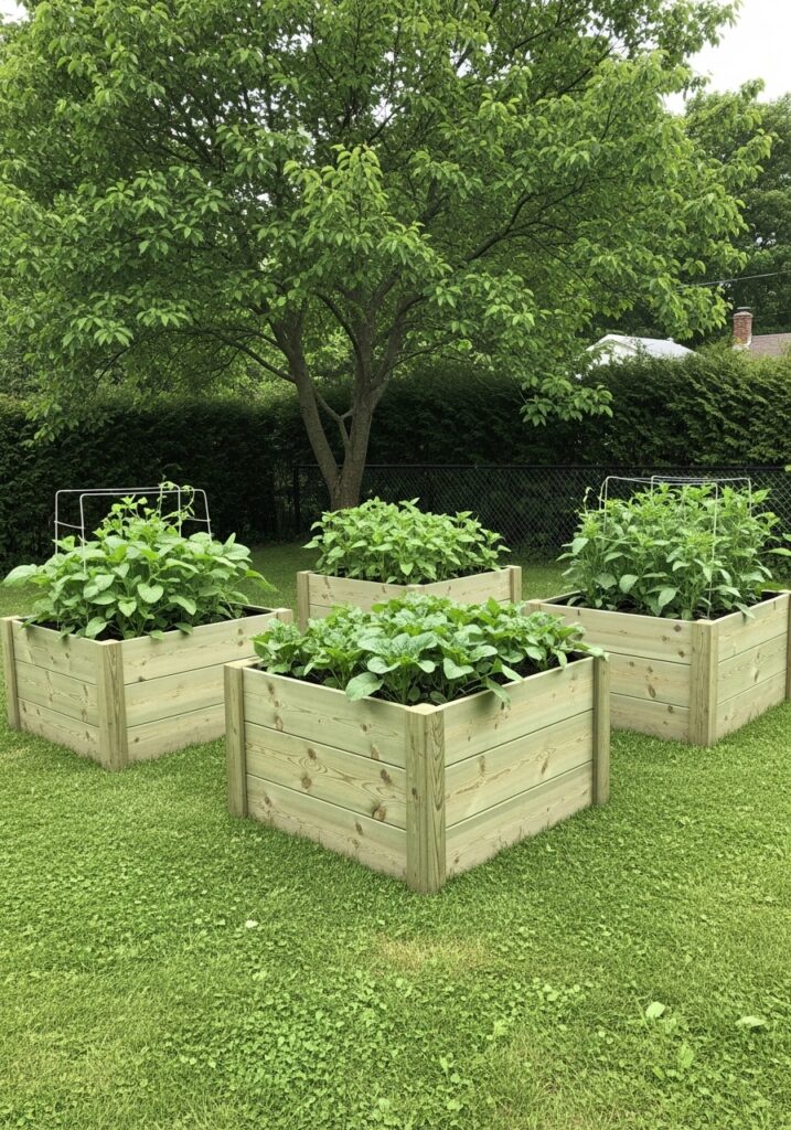 Three raised garden beds built from pressure-treated lumber in backyard