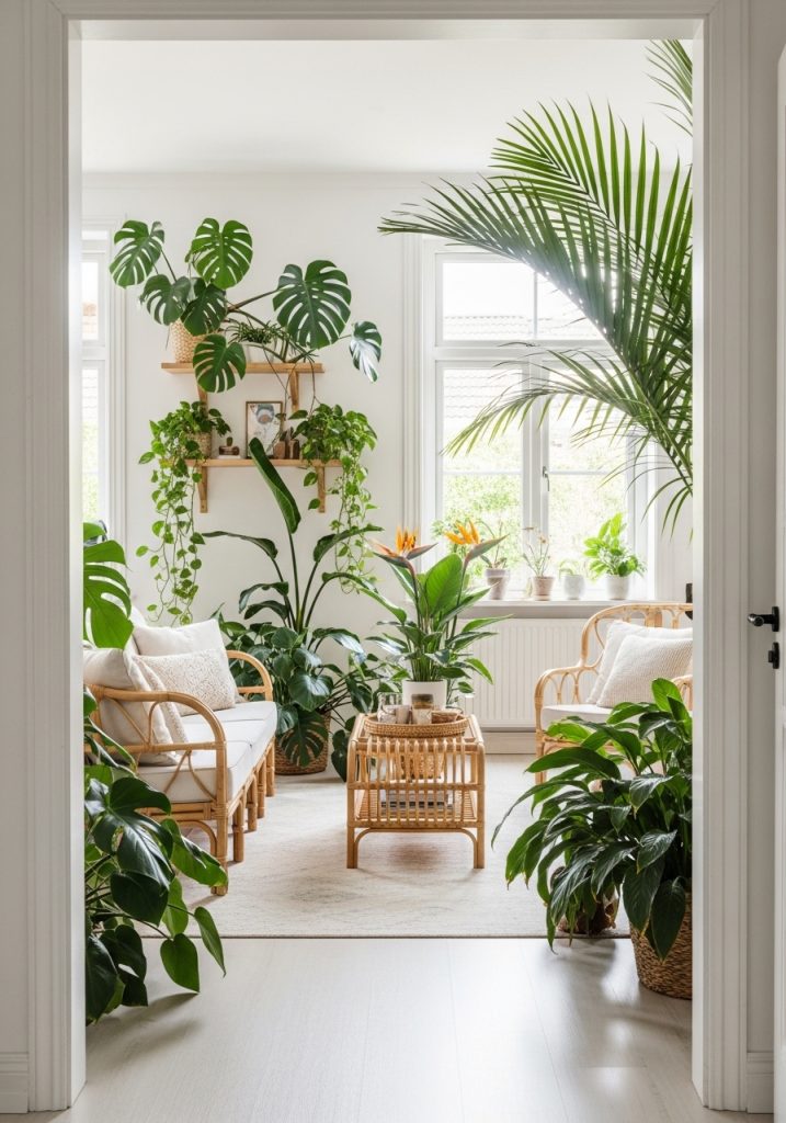 Lush tropical aesthetic summer living room with monstera, bird of paradise, palms, and trailing pothos plants throughout