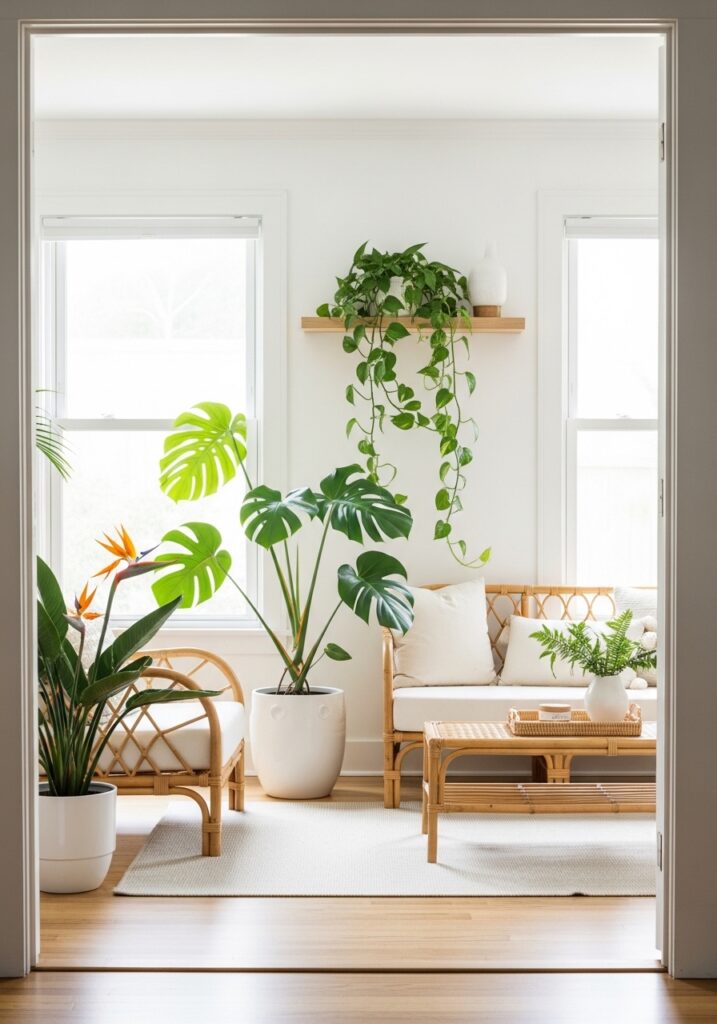 Tropical plants including monstera and bird of paradise styled in bright summer living room

